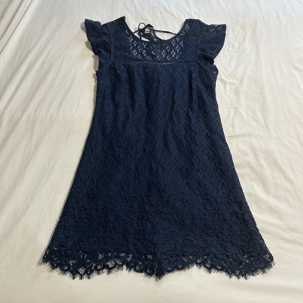Speechless Womens Navy Blue Lace Flutter Sleeve Mini Shift Dress Size M